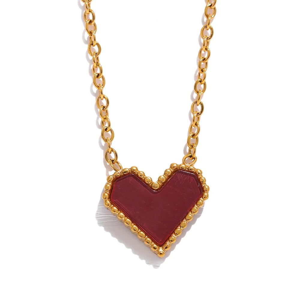 

Yhpup Red Acrylic Heart Pendant Stainless Steel Romantic Necklace for Women Exquisite Trendy Jewelry 18K PVD Plated Wholesale
