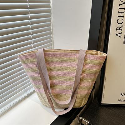 New Summer Casual Straw Bag Striped Handwoven Bag Shoulder Bag Beach Vacation Tote Straw Bag Women