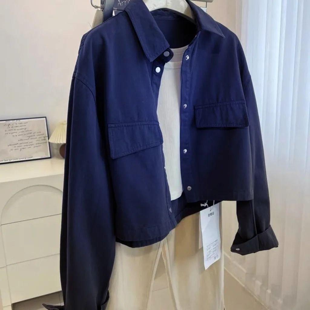 Women s Petite Loose Brushed Twill Lapel Jacket - Autumn/Winter Style S темно-синий