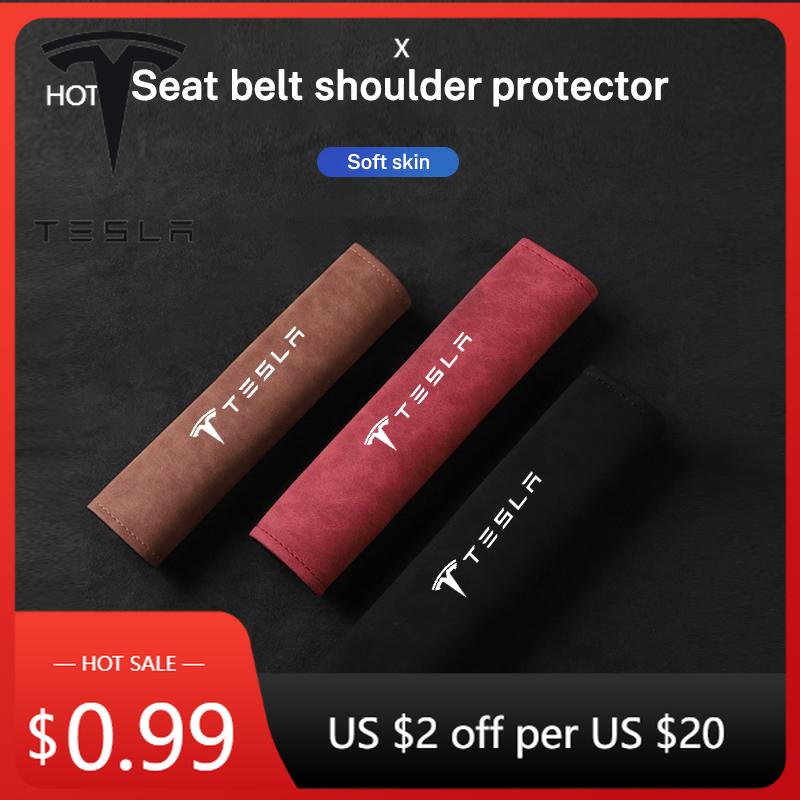 Car Sticker Tesla 2PCS Leather Universal Car Seat Belt Shoulder Cover Pad For Tesla Model 3 Y S X 2021 Roadster Auto Styling Int