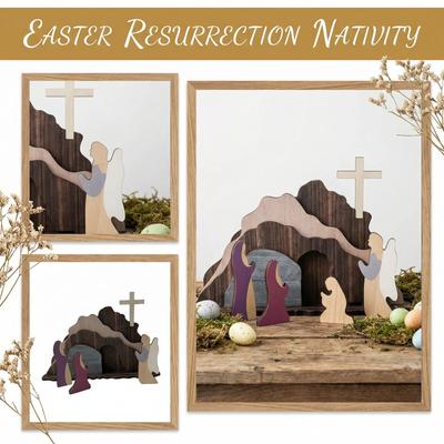 Wooden Easter Nativity Scene Set, Cross Tomb Tray Set, Suitable For Religious Sites, Home Desktops, And As A Gift.