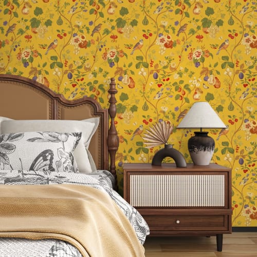 VEELIKE Floral Wallpaper Sticker, 44.5cm X 3m, Japanese-style, Featuring Grapevine and Bird and Flower Patterns In Yellow. Perfect for Redecorating, C