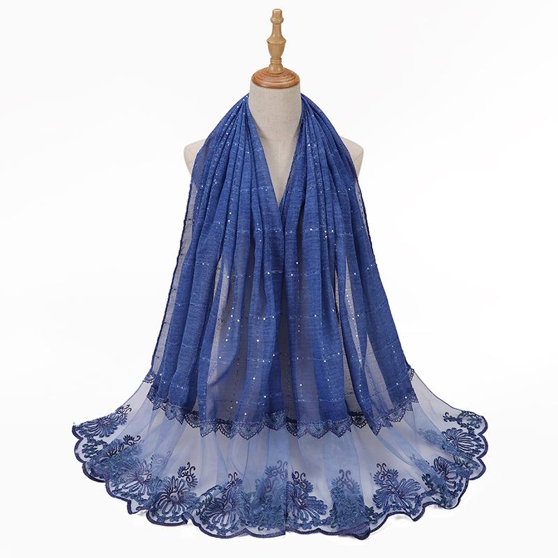 Glitter Scarf Islamic Long Shawls Wraps Luxury Flower Headscarf Headband New Embroidered Lace Sequins Hijab Stitching Splicing