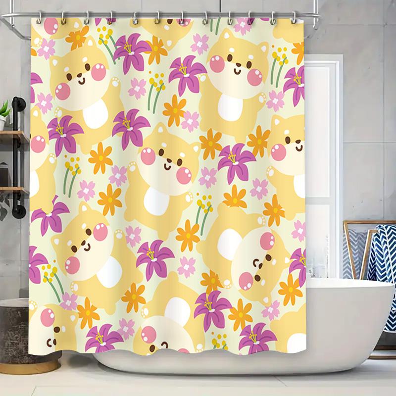 

Charming Cartoon Animal Bath Shower Curtain With Flower Pattern Decor Orange Purple Floral Design For Bathroom Decoration Suppli W60H190(CM)-1 Pcs