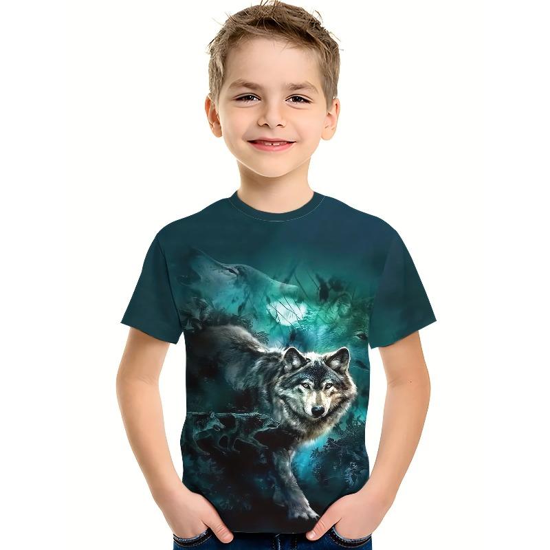3D Wolf Printed T-shirts Fashionable Casual Short Sleeved Children's Boy T-shirts - Soft Medium Stretch Polyester Fabric Summer Relaxed Fit Clothing