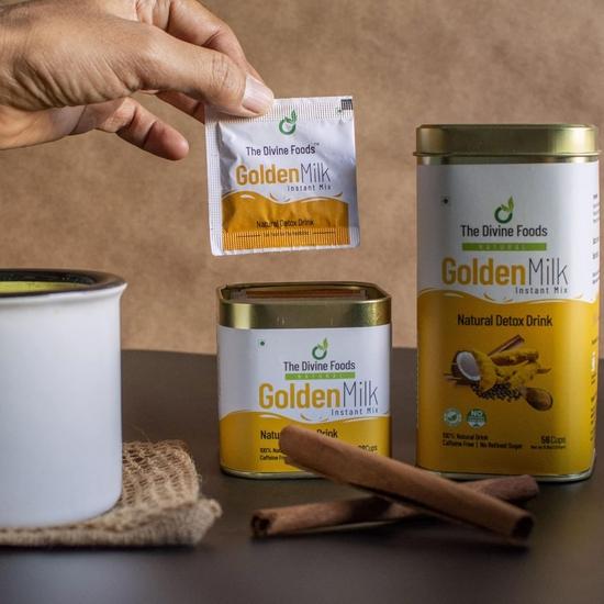 The Divine Foods Organic Golden Milk Latte,Natural Detox Drink Dnd,Haldi Milk,Antioxidant & Anti-Inflammatory High Curcumin,56 Sachets,(250 Gm,Powder)