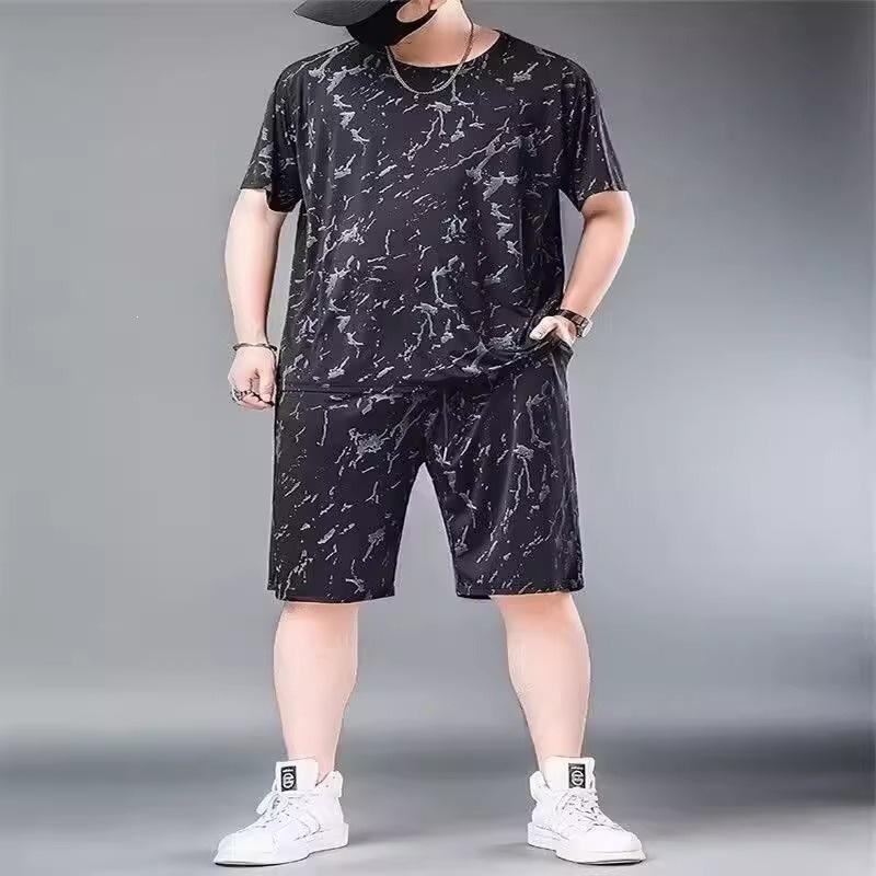 Men's Plus Size Ice Silk Casual Summer Set - Short Sleeve & Shorts
