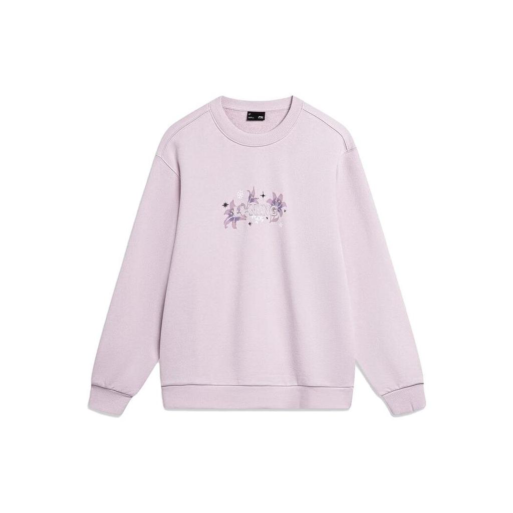 Li-Ning Floral Letter Print Loose Round Neck Pullover Sweatshirt Women Tops Lotus-Pink Purple AWDT818-4