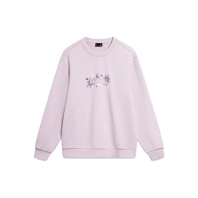 Li-Ning Floral Letter Print Loose Round Neck Pullover Sweatshirt Women Tops Lotus-Pink Purple AWDT818-4