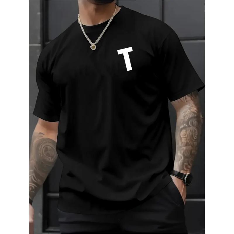 European sizes Men'S Fashion Printed Letter T, Summer Men'S Casual Street Style Elastic Round Neck T-Shirt
