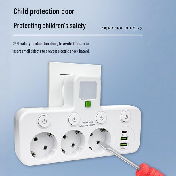 Tomada Europeia 16A 3-em-1 com Interruptor Individual e Luz Noturna, Certificado CE Adaptador Francês/Europeu