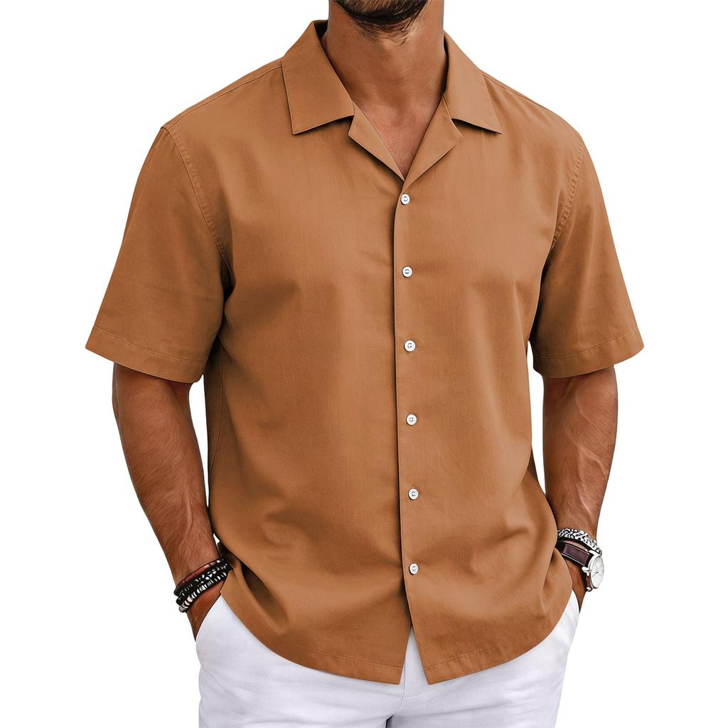 Men's Short Sleeve Cuban Collar Shirt Button Down Casual Lightweight Summer Shirt with Relaxed Fit Breathable Fabric