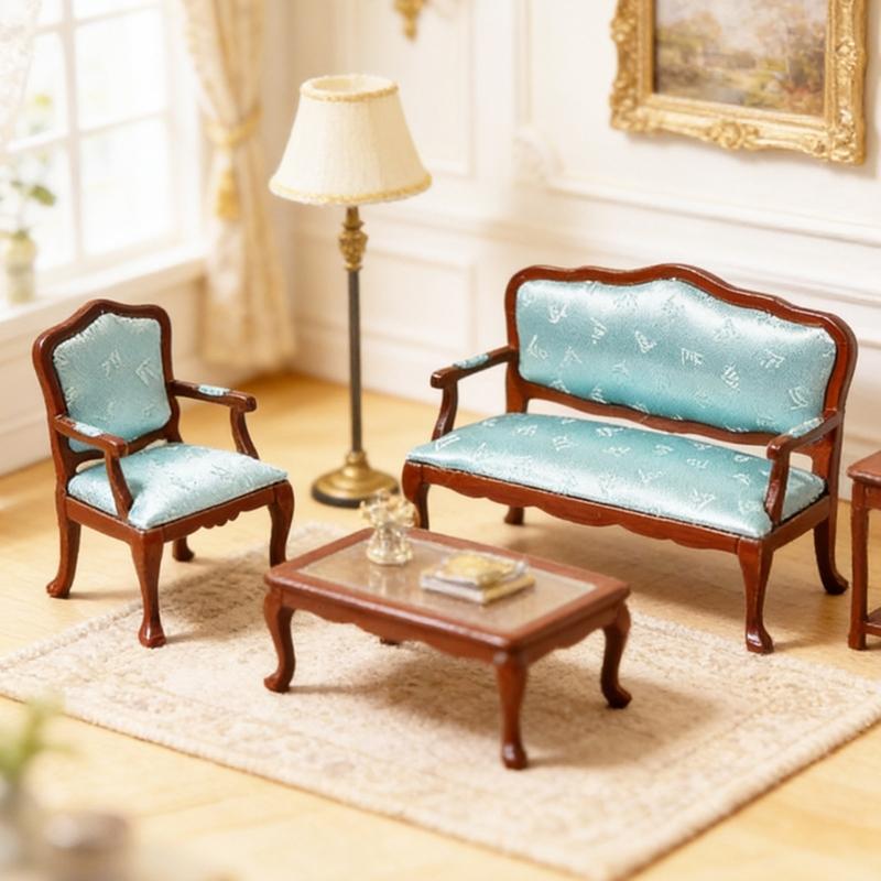 Elegant Blue Floral 1:12 Scale Miniature Sofa Armchair Model Figurine Double Couch For Doll House Scene Setting Furniture
