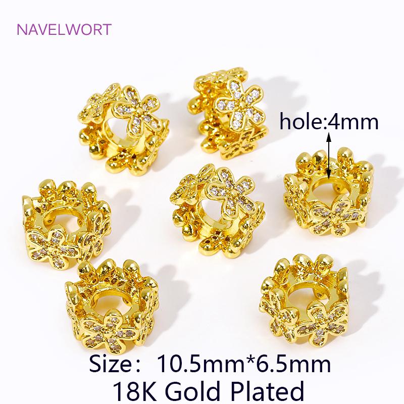 Wholesale 18K Gold Plated Inlaid Zircon Flowers Spacer Beads,Metal Large Hole Beads For DIY Jewelry Making Supplies Accessories