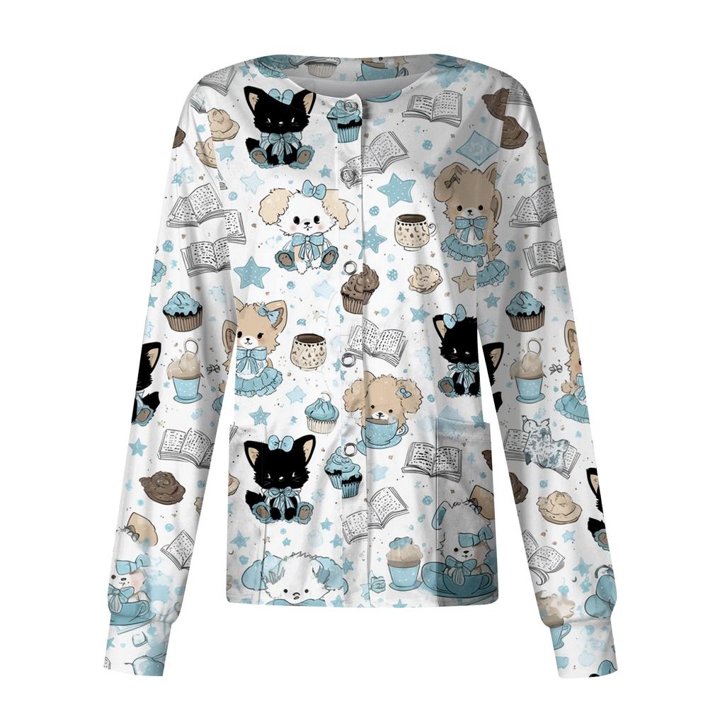 Women's Long Sleeve Top, Casual Uniform with Print, Single Pocket, Lightweight Work Shirt for