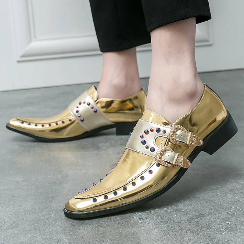 Luxury Trend Designer New Men's Pointed Gold Rivet Chelsea Monk Strap Shoes Casual Loafers Formal Dress Footwear Zapatos Hombre