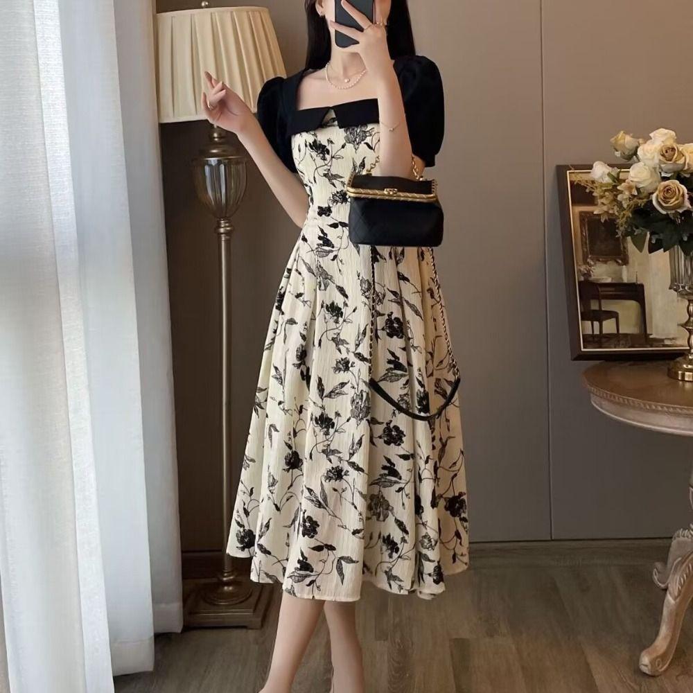 Square Neck Flower Long Dress Patchwork Short Sleeves Dress Elegant A-line Skirt  Evening Party