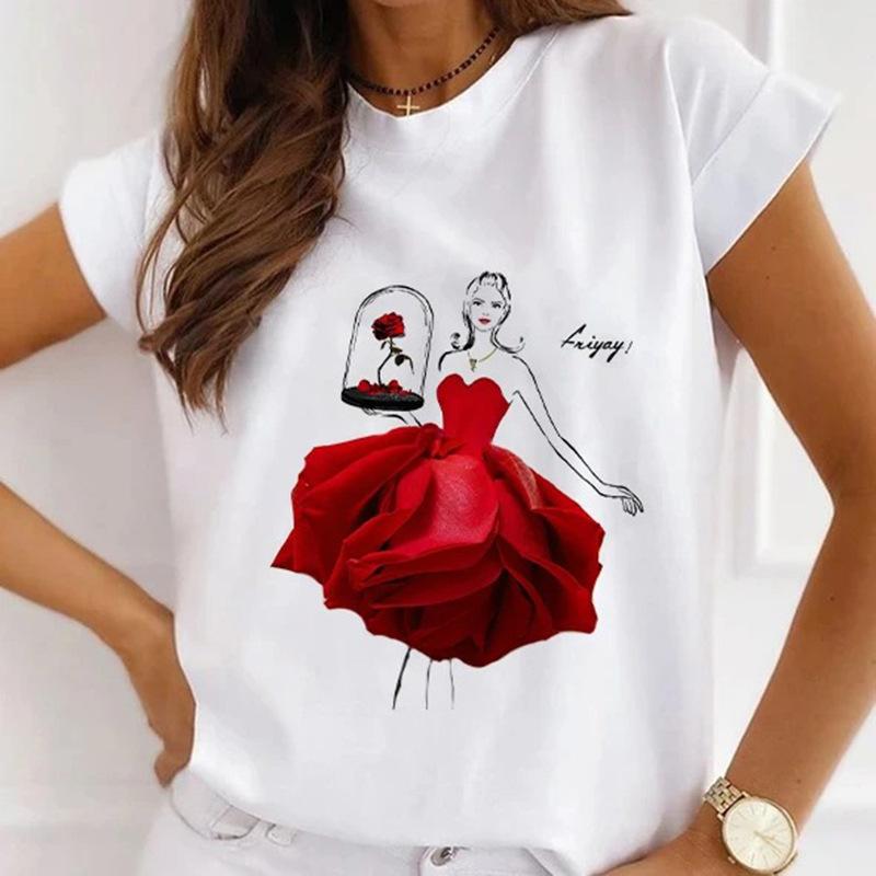 Módní kreativní 3D Rose Flower Grafika Dámské Tričko Letní halenka 90S Volný Trička s krátkým rukávem Bílý výstřih do O Dámské topy Oblečení