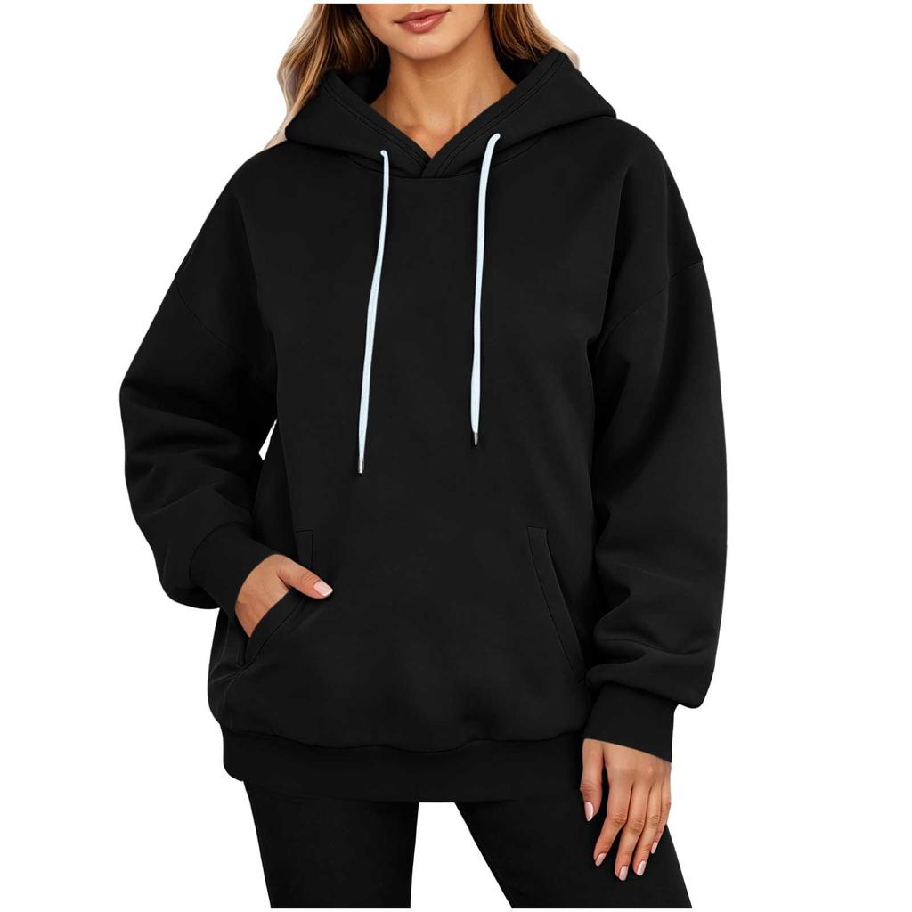 Women's Casual Long Sleeve Button Collar Hoodie with Pockets, Loose Fit Mid-Length