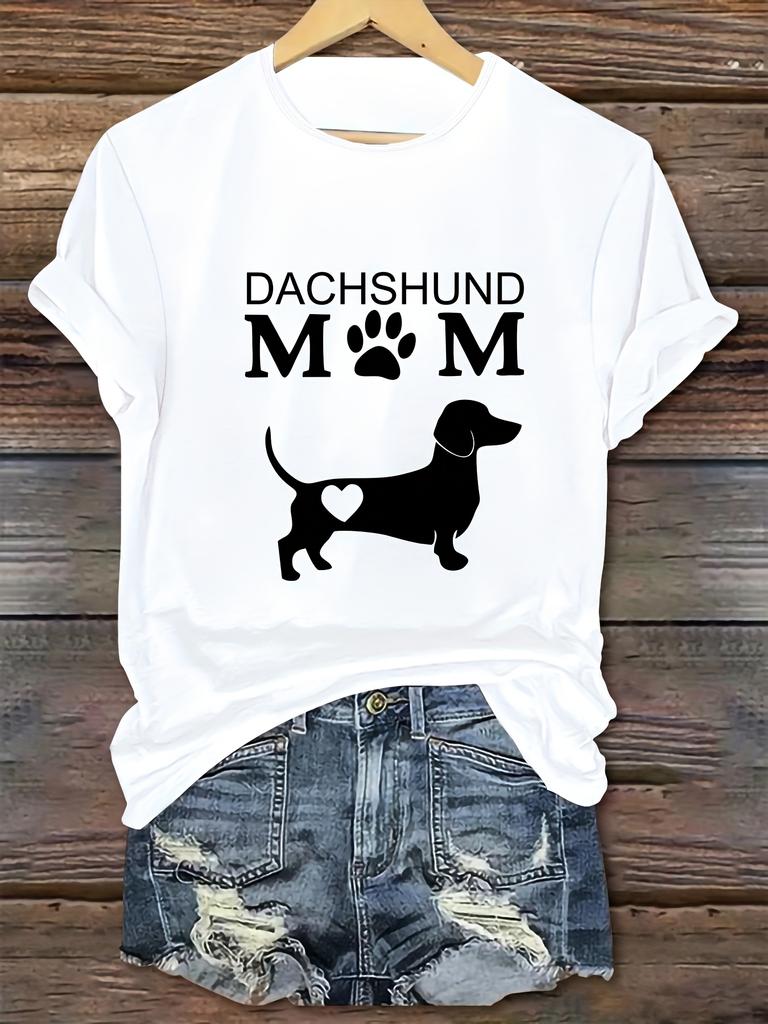 European sizesCasual Short Sleeve Tee with "DACHSHUND MOM" Text & Paw Design, Comfortable Summer Top for Home, Work, or Running, Dachshund T