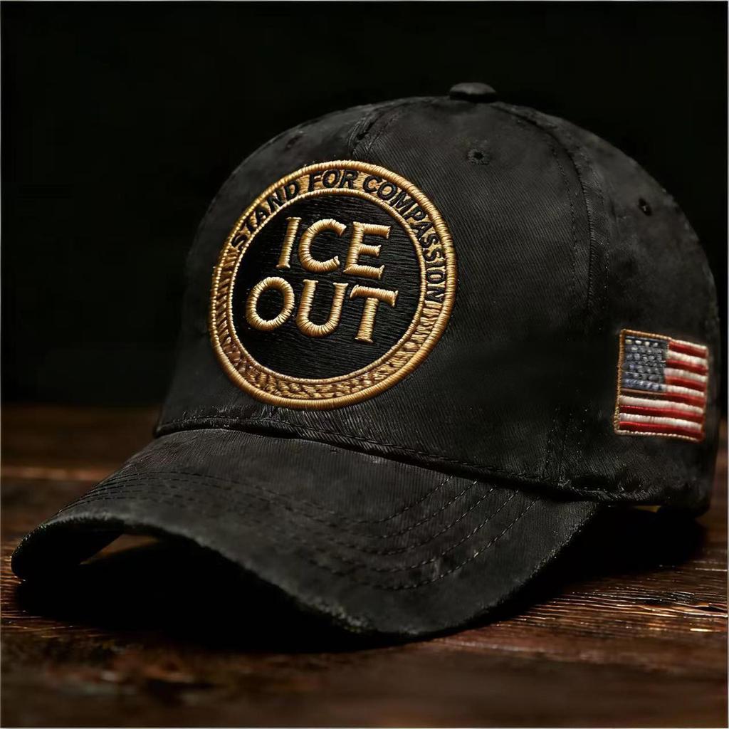 ICE Out Embroidered Baseball Cap Stand For Compassion Kindness Vintage Distressed Hat With American Flag Detail