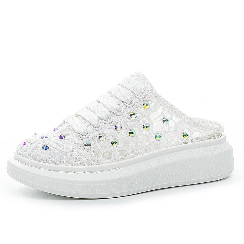 thick-soled lace rhinestone baotou half slippers women's summer new breathable casual sports little white board shoes slippers