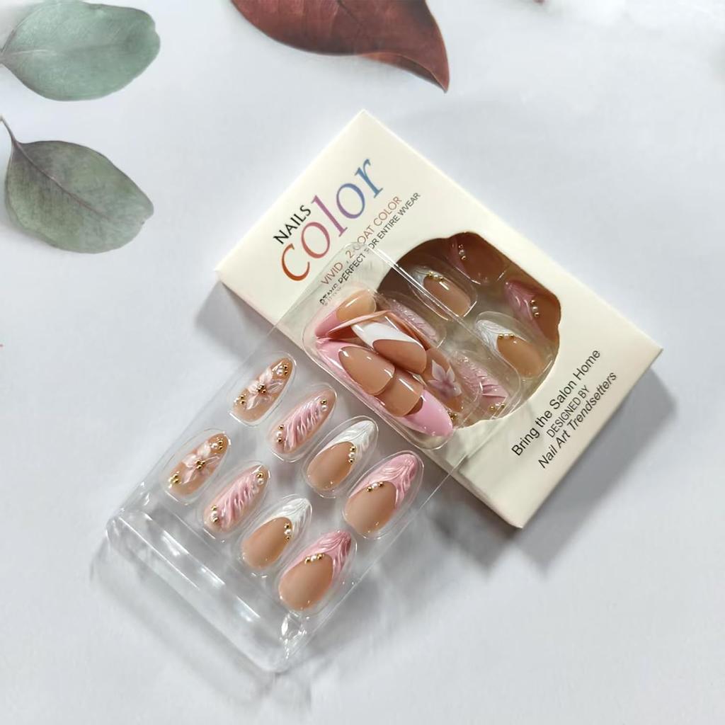 Pink French Tip Press on Nails Medium Almond Fake Nails with 3D Flower Designs Glossy Acrylic False Nails Golden Bead Artificial Glue on Nail