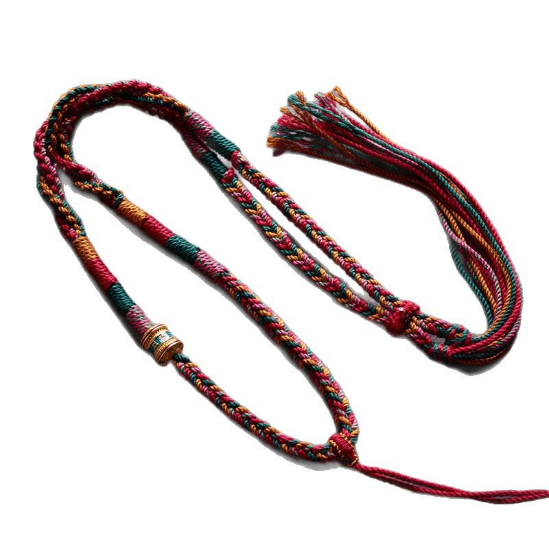 Tibetan Handmade Woven Rope Necklace with Five-Color Amulet and Thangka Pendant