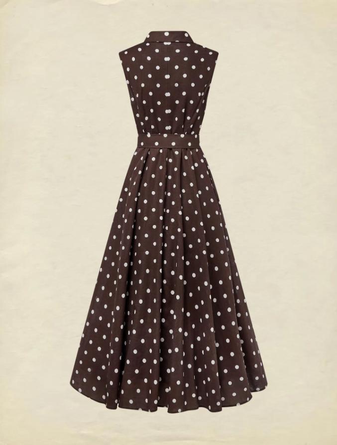 European Sleeveless Polka Dot Retro Dress with Lapel and Faux Button Lace-up Design
