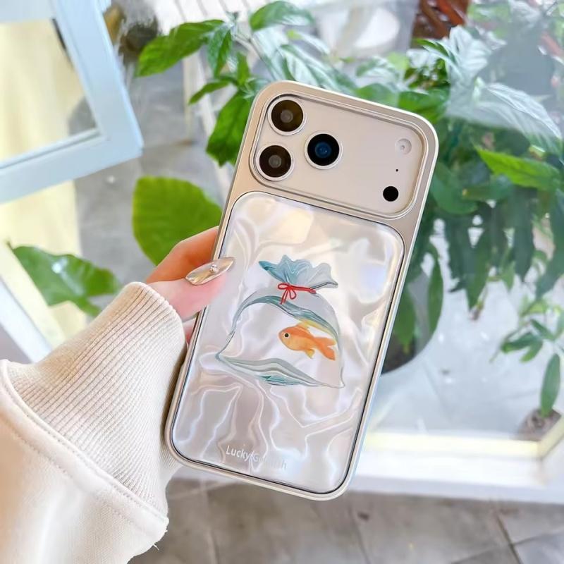 Cute Luck Goldfish Bag Water Ripple Silver Border Drop Glue Shock Proof Phone Cover Case for iPhone 17 16 15 14 Pro Max