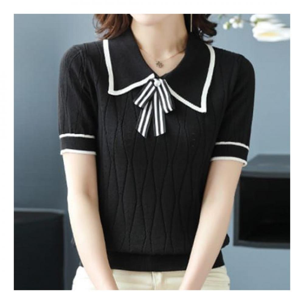 Navava Women Lovely Ribbon Collar Neck Short Sleeve Knit Nk2148