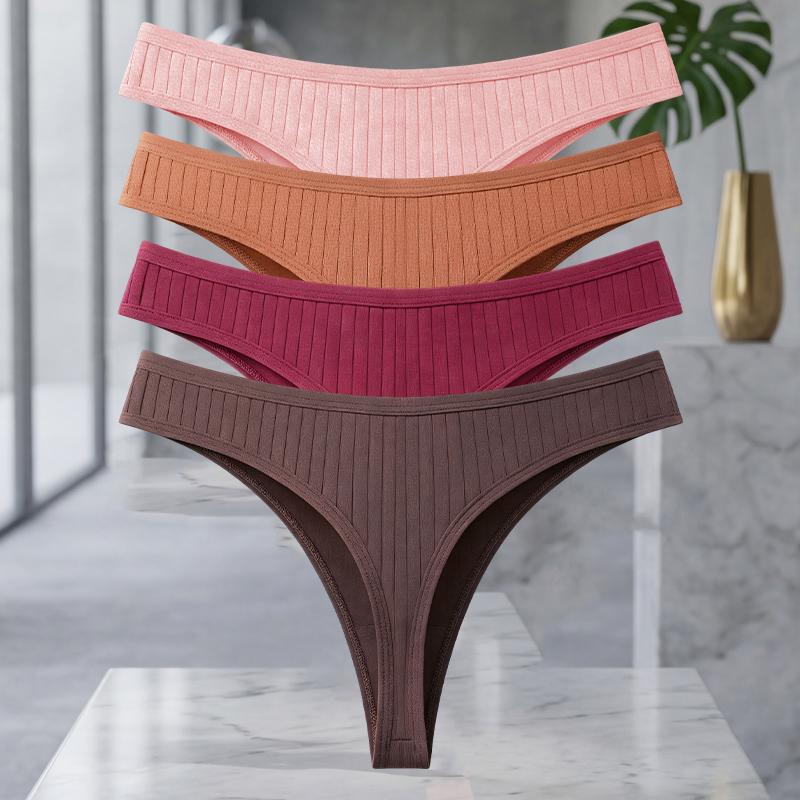 FINETOO 4Pcs/Set Cotton Ribbed Thongs For Women Seamless Solid Color High Quality Underwear Ladies Cozy Breathable Sexy G-String