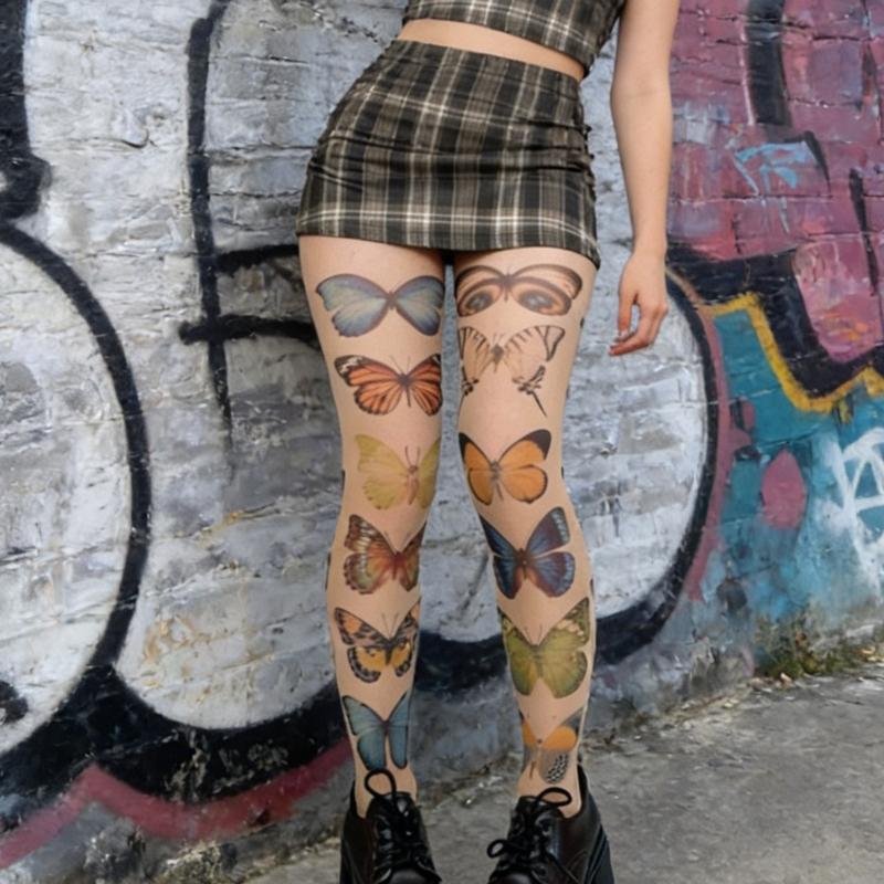 Whimsy Butterfly Printed Tights Stockings for Women Japanese Elegant Gothic Grunge Patterned Pantyhose Leggings
