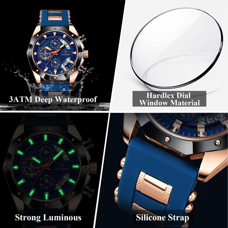 POEDAGAR Orologio Militare da Uomo di Lusso Impermeabile Luminoso Data Sportivo Cronografo Cinturino in Silicone Orologi al Quarzo