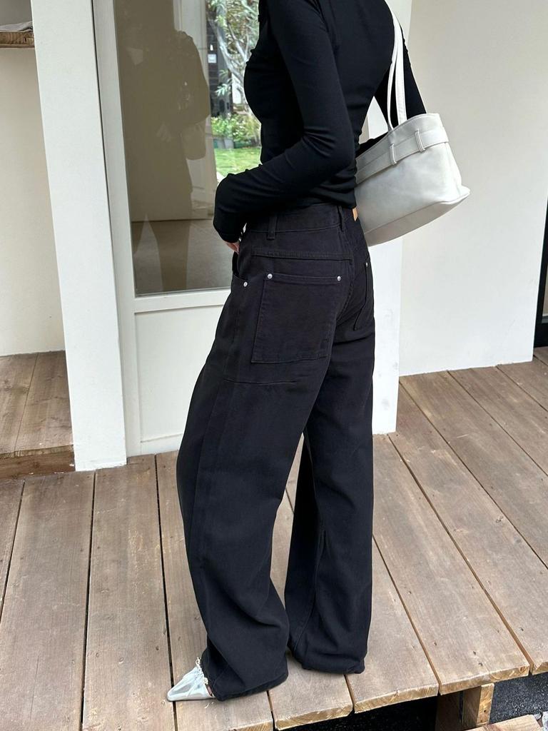 Lu Sheng Unisex Retro Washed Black Bootcut Jeans - Loose Fit, Wide Leg, Casual Pants