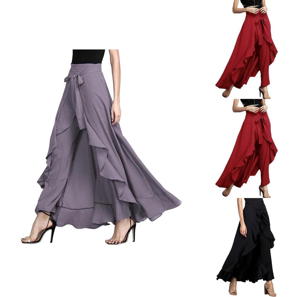 Ankle Women Length Chiffon Tiewaist Ruffle Color Long Palazzo Pure Pants