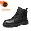 Fashion Comfy Men Winter Plush Snow Boots Lace-Up New Male Ankle Boots Walking High Top Shoes Genuine Leather Men's Motocross Boots