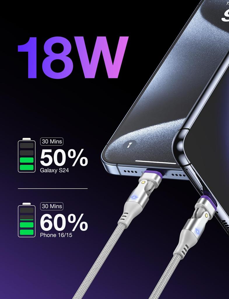 AUFU Magnetic USB C Charging Type C Rotatable 2M 3A Fast Data Magnetic Connection Compatible with Android and Other Set of 3 Cable, 18W, 16-pin Cable,