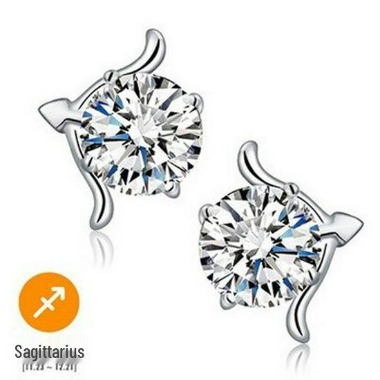 White Copper Silver-Plated Retro Zodiac Stud Earrings with Zircon Stones