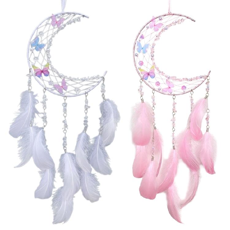 Cattura Sogni Intrecciati a Mano a Forma di Luna Decorazioni da Parete Fiore di Cristallo Farfalla Appendi da Parete Piumati Decorazioni per Camera da Letto