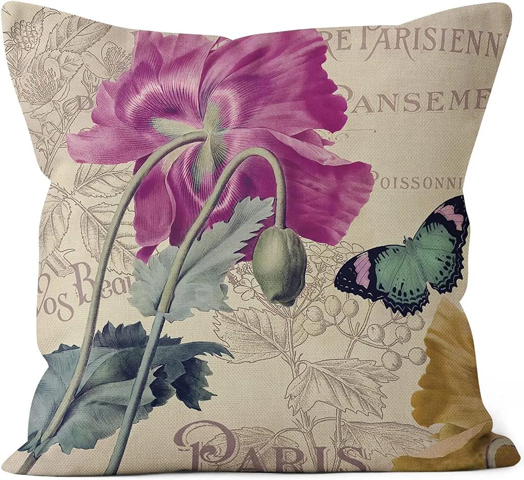 Vintage Purple Flower Linen Cushion Cover for Car Living Room Sofa Bedroom Home Decor, 40x40 45x45 50x50 60x60 Pillowcase