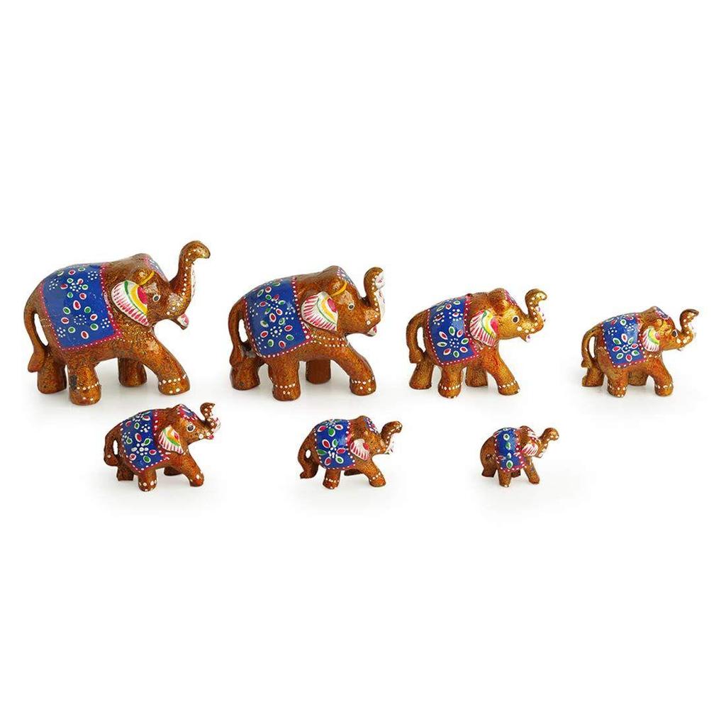 Seven Elephant Tuskers' Showpiece for Home Decor (Set of 7, Resin, Handcarved) |Decorative Items for Living Room Show Pieces for Home Décor
