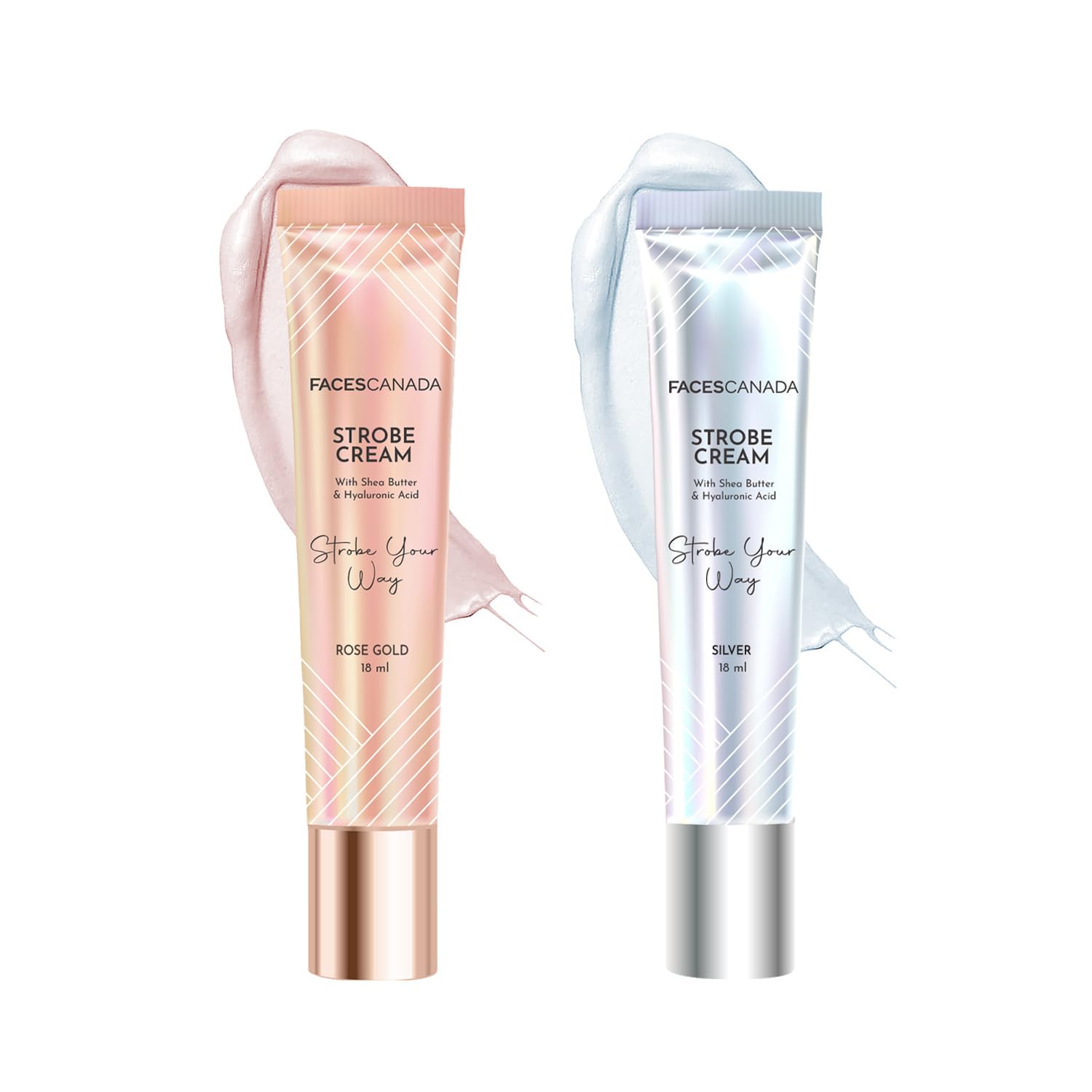 FACES CANADA Superb Glow Combo - Strobe Cream - Rose Gold (18 ml) + Strobe Cream - Silver (18 ml) | Primer + Highlighter + Moisturizer | Illumina