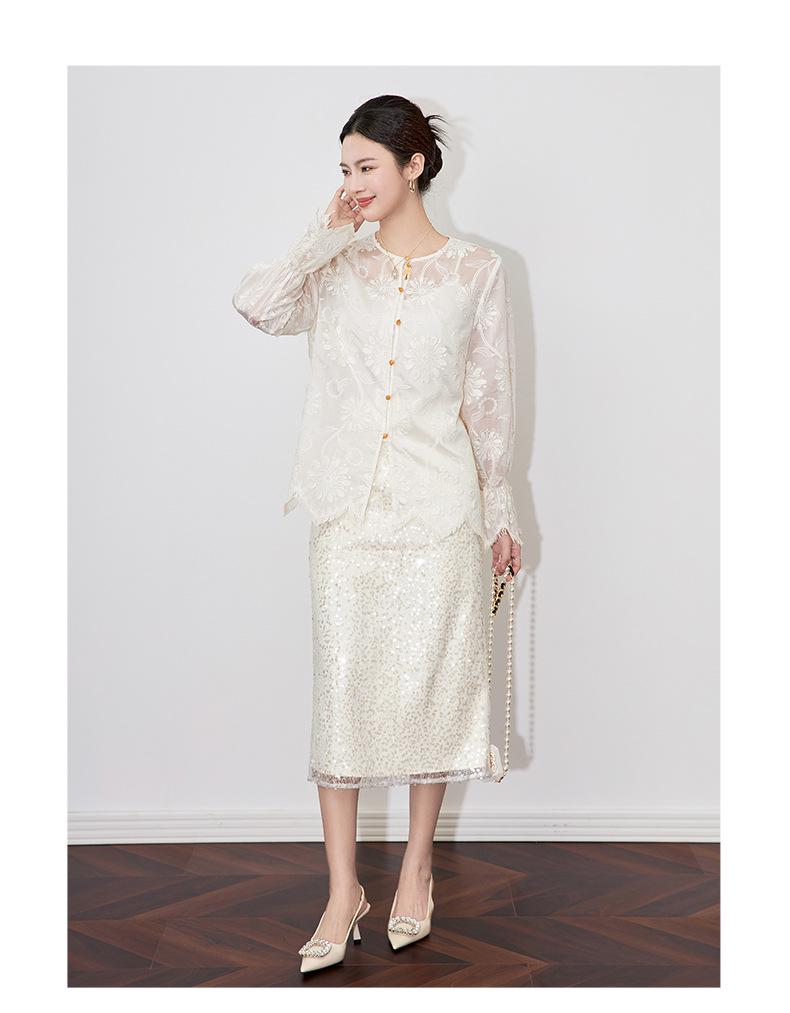 Spring Embroidery Jacquard Trumpet Sleeve Dress - New Chinese Style