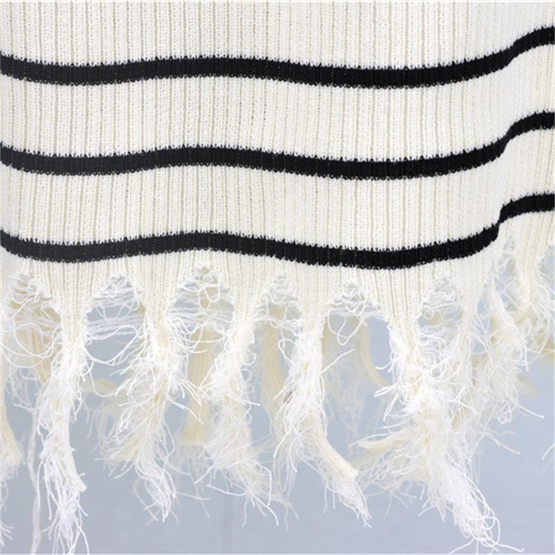 Women's Summer Short Sleeved Casual Knitted Striped Dress Tassel Mid Length Dress