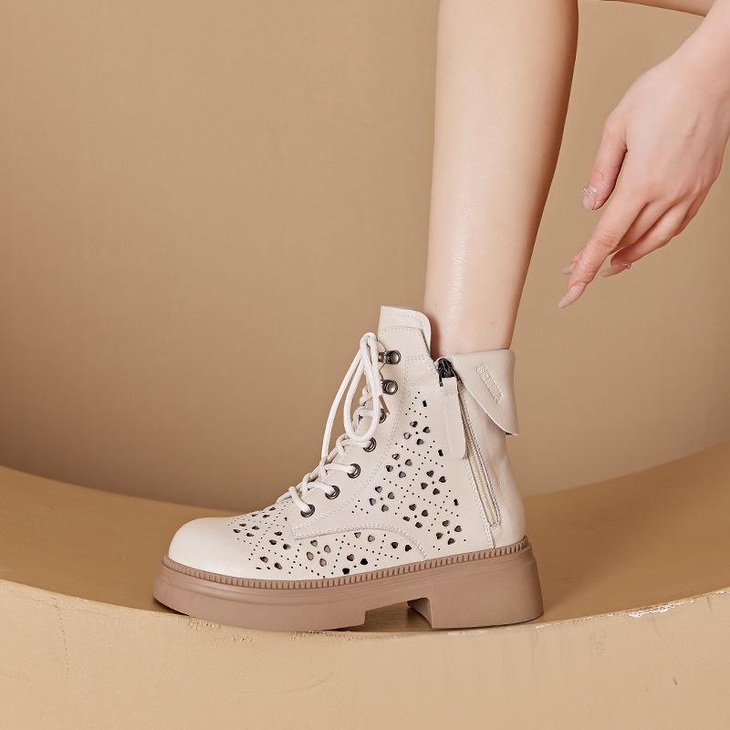 Leather Hollow Martin Boots Women's Platform Double Side Zipper Women's Leather Boots Lace-up Casual Shoes