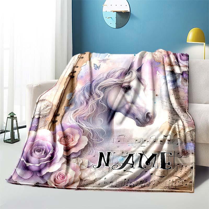 Flowers And Beautiful Horse Customize Your Name Blanket Used For Chair Office Sofa Bed Camping Soft And Warm Giving Friends And Relatives Birthday