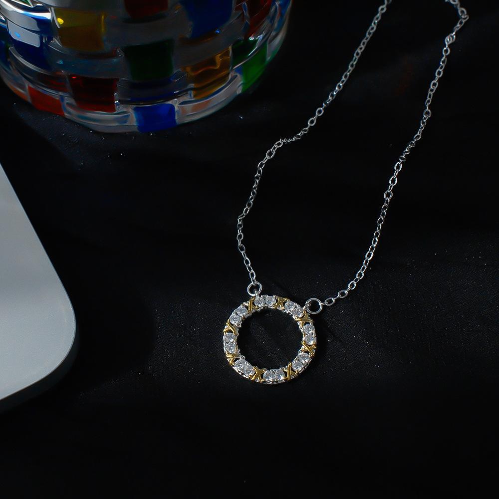 Cold Wind Exquisite Two-Color Diamond-Encrusted Ring Necklace Women'S Light Luxury Niche Design Sense Simple Collarbone Chain Versatile Neck Chain