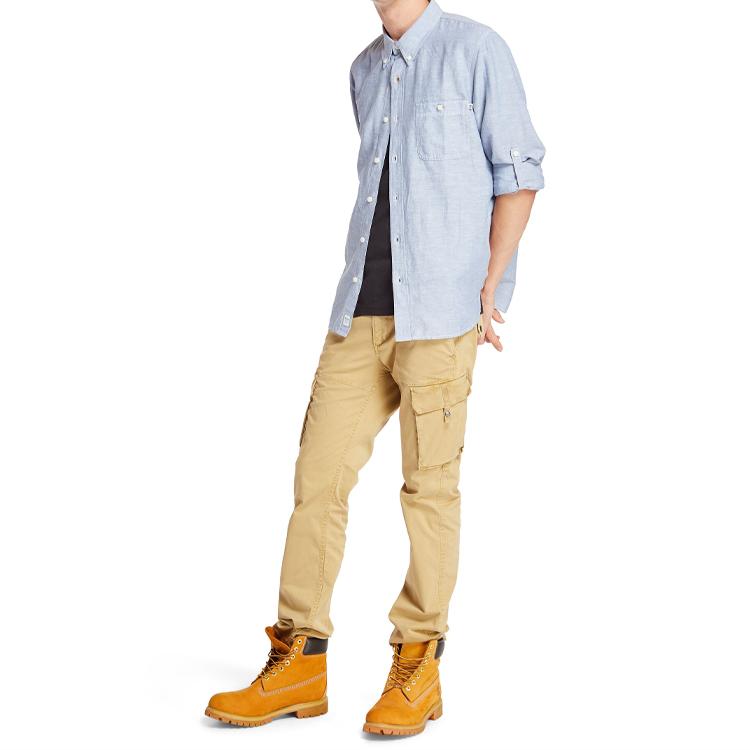 Timberland Button Single Pocket Cotton Linen Casual Slim Fit Long Sleeve Shirt Men Shirts Sky-Blue A2BDKB02
