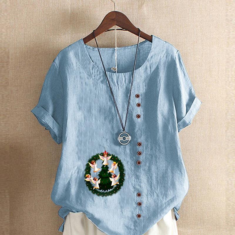 Women's Fashion Round Neck Short Sleeve T-shirt Casual Cotton Linen Graphic Shirt Leisure Loose Christmas Elves Prined Summer Blouse Tops
